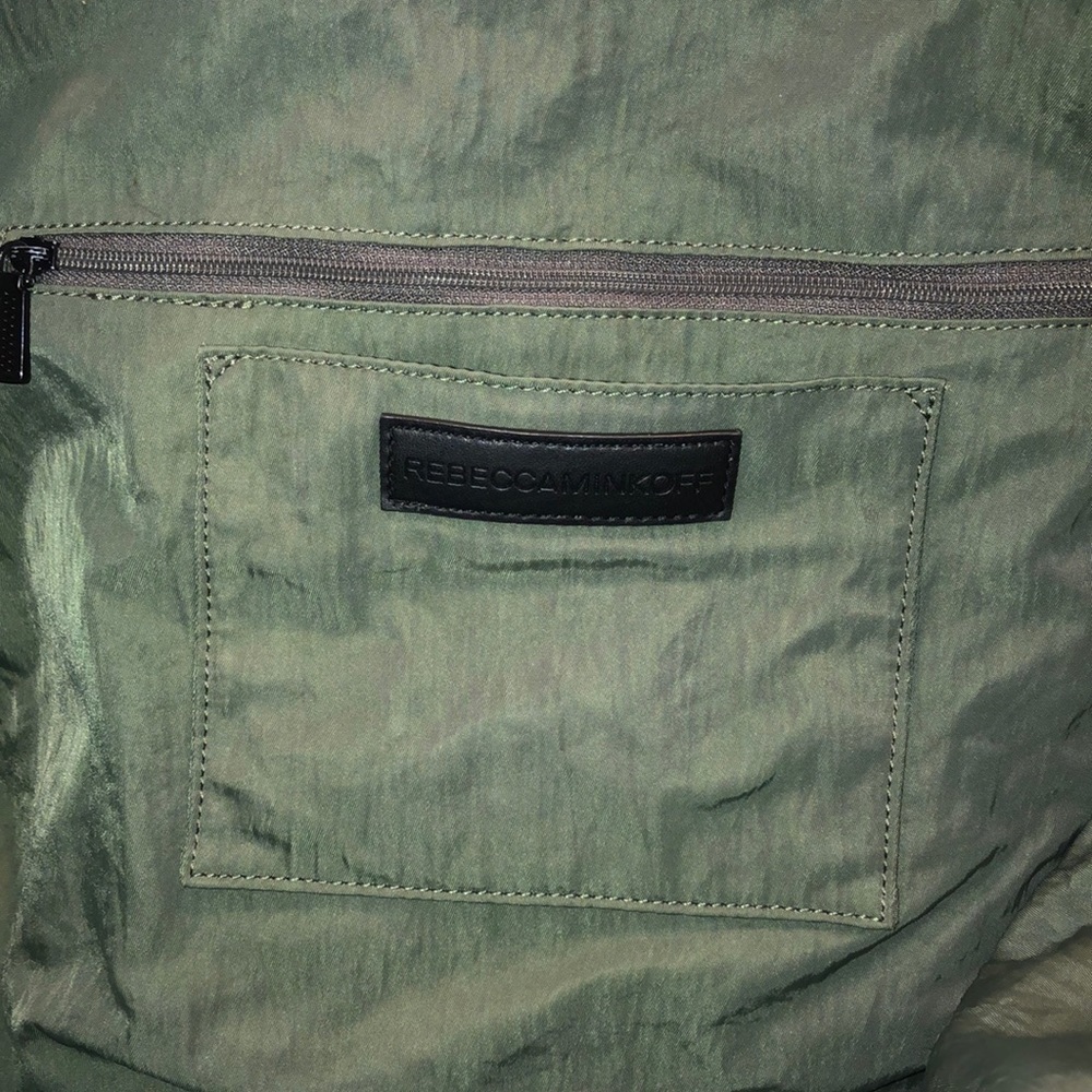 REBECCA MINKOFF Olive Green Nylon Top Zipper Shoulder Bag Leather Straps - Picture 11 of 16
